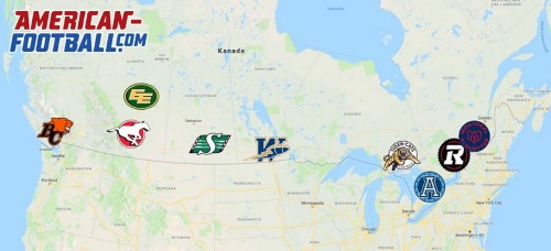 Karte von Kanada mit den Logos der 9 CFL Teams